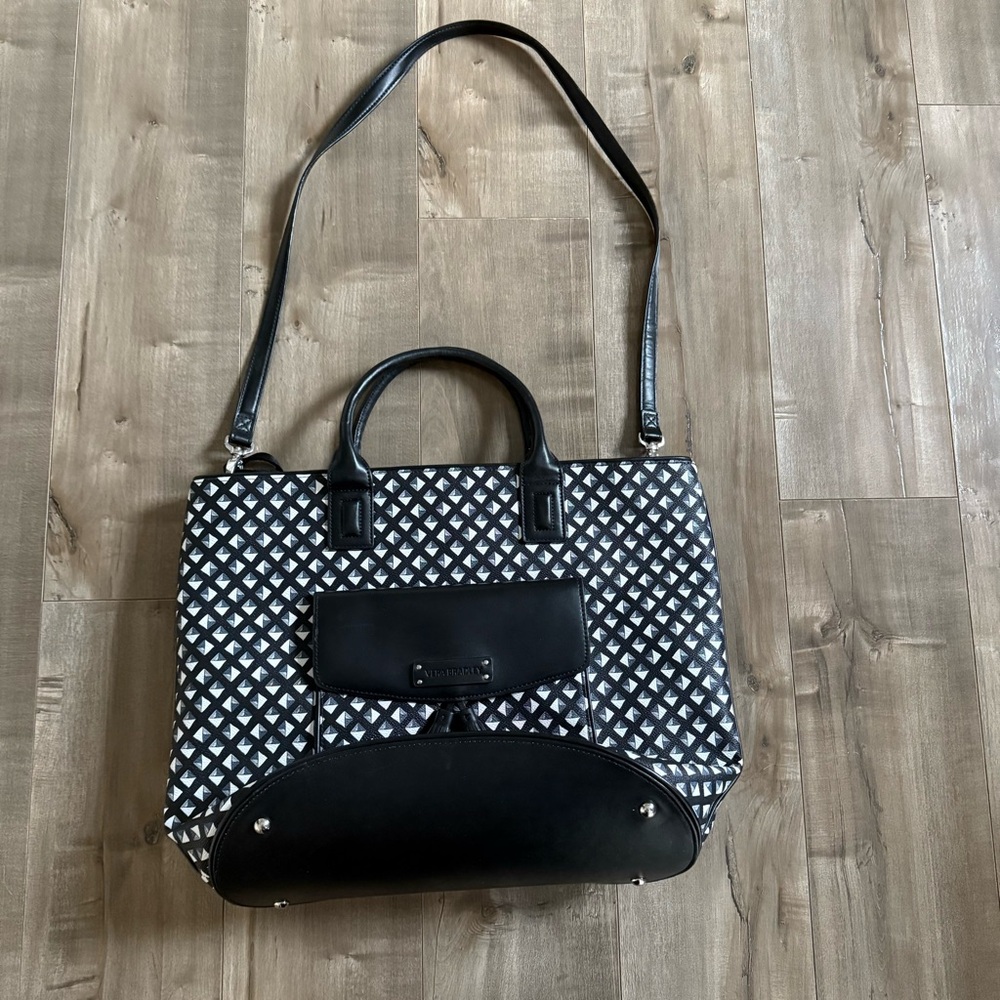 Vera Bradley Tassel Tote Large Black White Geometric Luggage Tag Leather‎